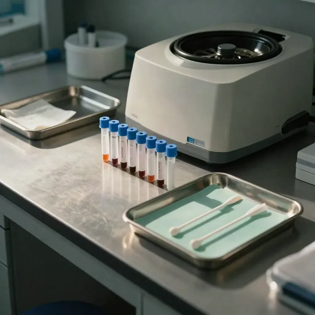 Top-down lab bench with sample tubes, centrifuge, trays, and gauze in cool sterile light.
