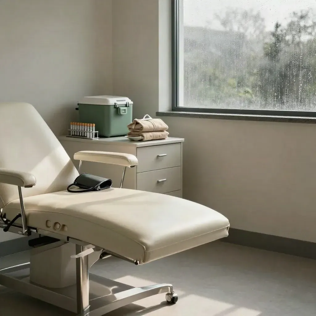 Empty clinic room with exam couch, blood-pressure cuff, sample tubes, vaccine cooler and wellness kit.