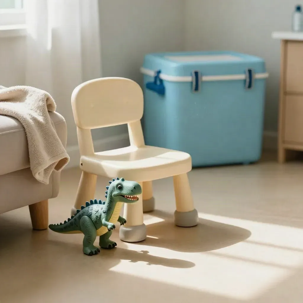 Child vaccination room with toy dinosaur, chair, cooler case, and folded blanket in bright window light.