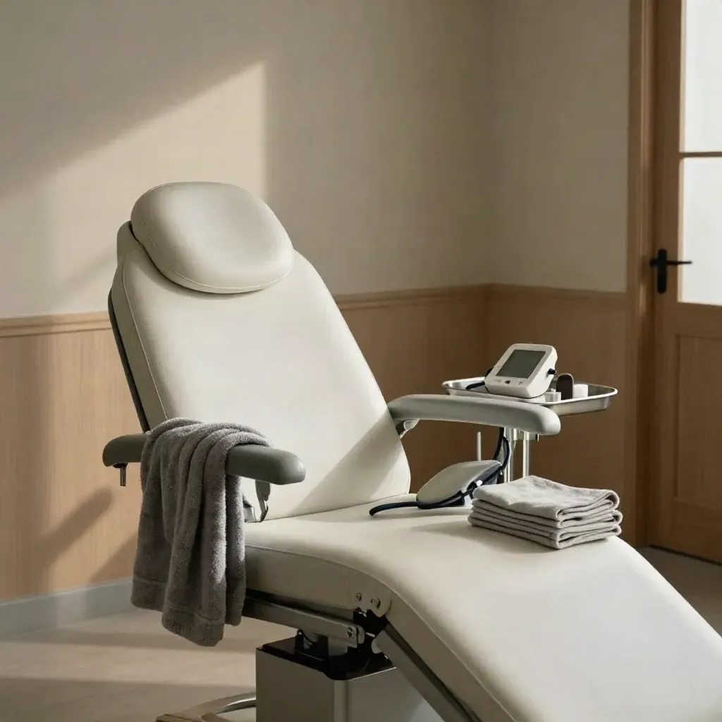 Quiet annual health-check room with reclining chair, robe, monitor and towels in soft daylight.