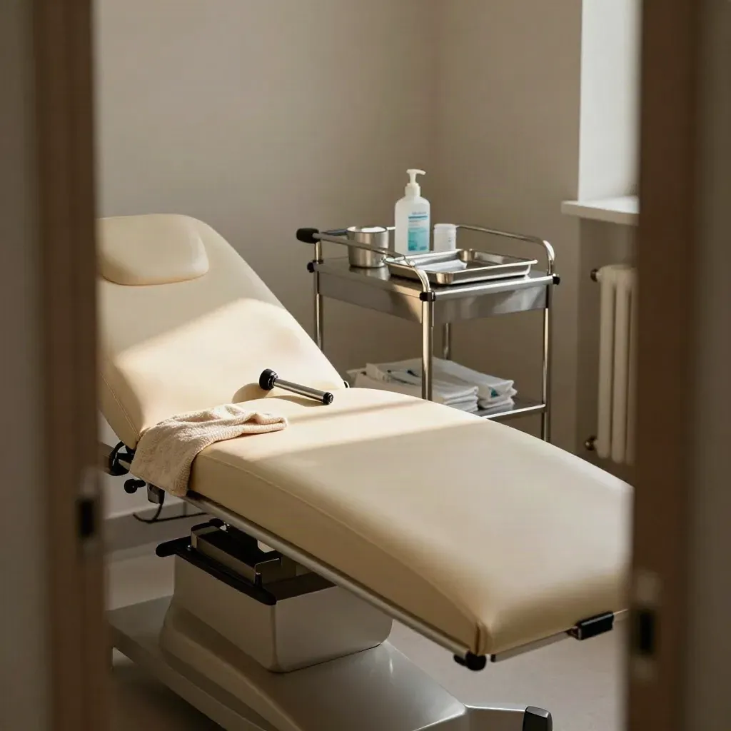 Empty consultation room reset for same-day visits, with exam couch, trolley and penlight in warm light.