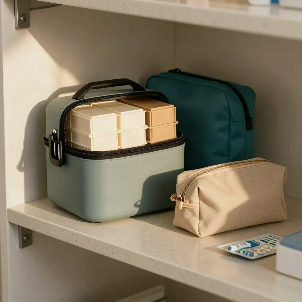 Travel health kit with vaccine case, packing cubes, first-aid pouch and wash bag on a clinic shelf.