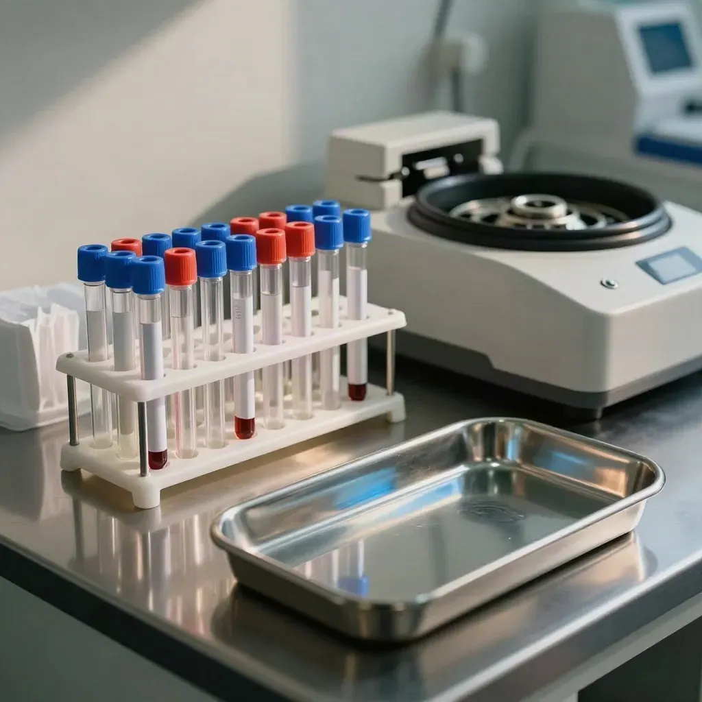 Blood test tubes, swabs, rotor, and steel trays arranged on a clinic bench in cool daylight.