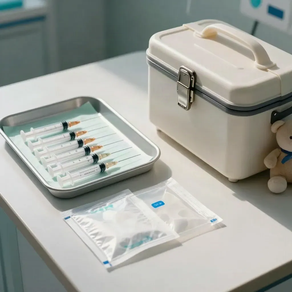 Vaccination tray with capped syringes, swabs, wrappers, carrier and a soft toy on a sterile prep surface.