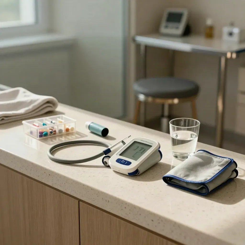 Clinic chronic review tools on a travertine ledge in soft morning light.
