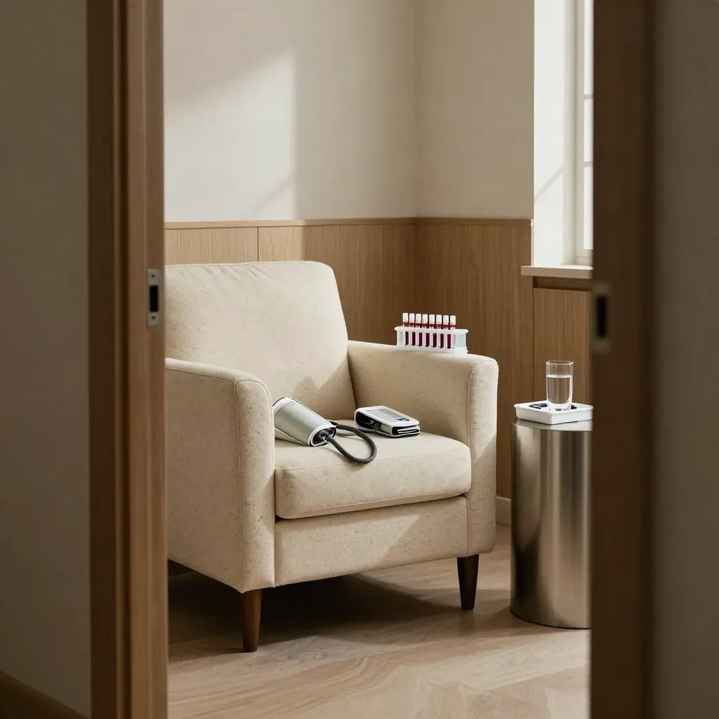 Heart-health consult room with cuffed armchair, test tubes, ECG tray and water glass in moody light
