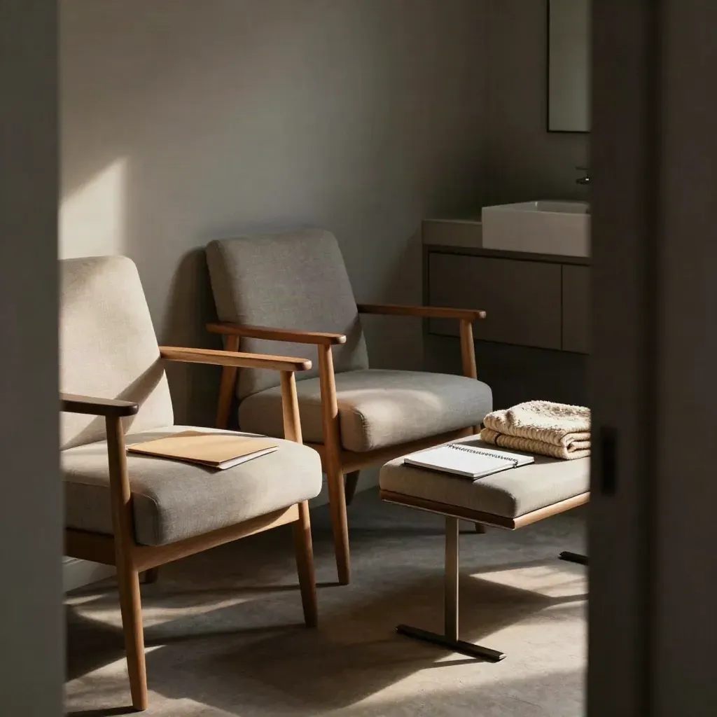 High-corner view of a new-patient room with two chairs, blanket, notebook, and soft afternoon light.