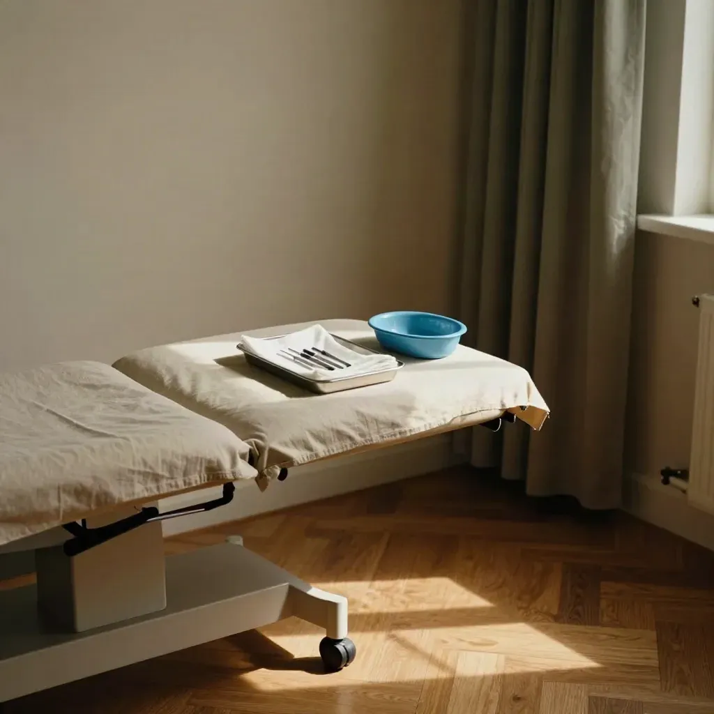Women’s health review room with exam couch, privacy curtain and tray in late-afternoon light.