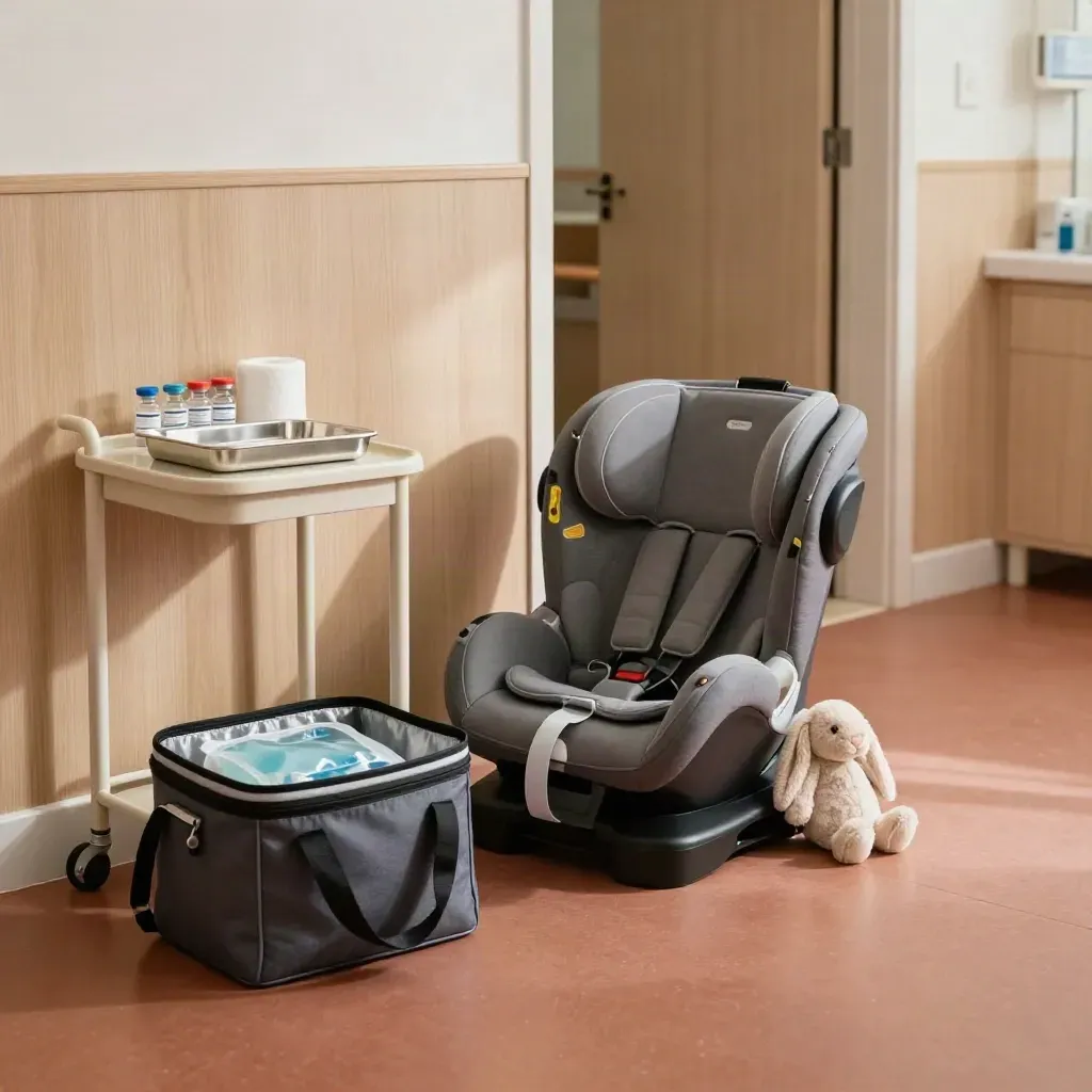 Child travel clinic room with booster seat, cooler bag, soft toy and vaccine tray.