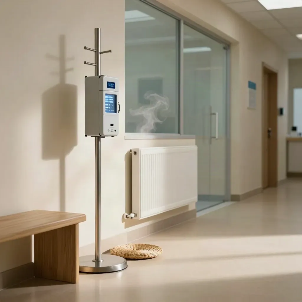 Clinic entry with coat stand, vaccine cooler, umbrella tray and radiator in winter light.