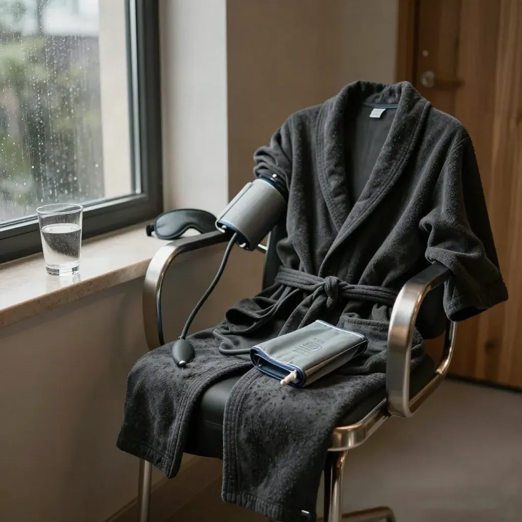 Clinic room with a blood-pressure cuff, robe, sleep mask and water glass by a rain-streaked window.