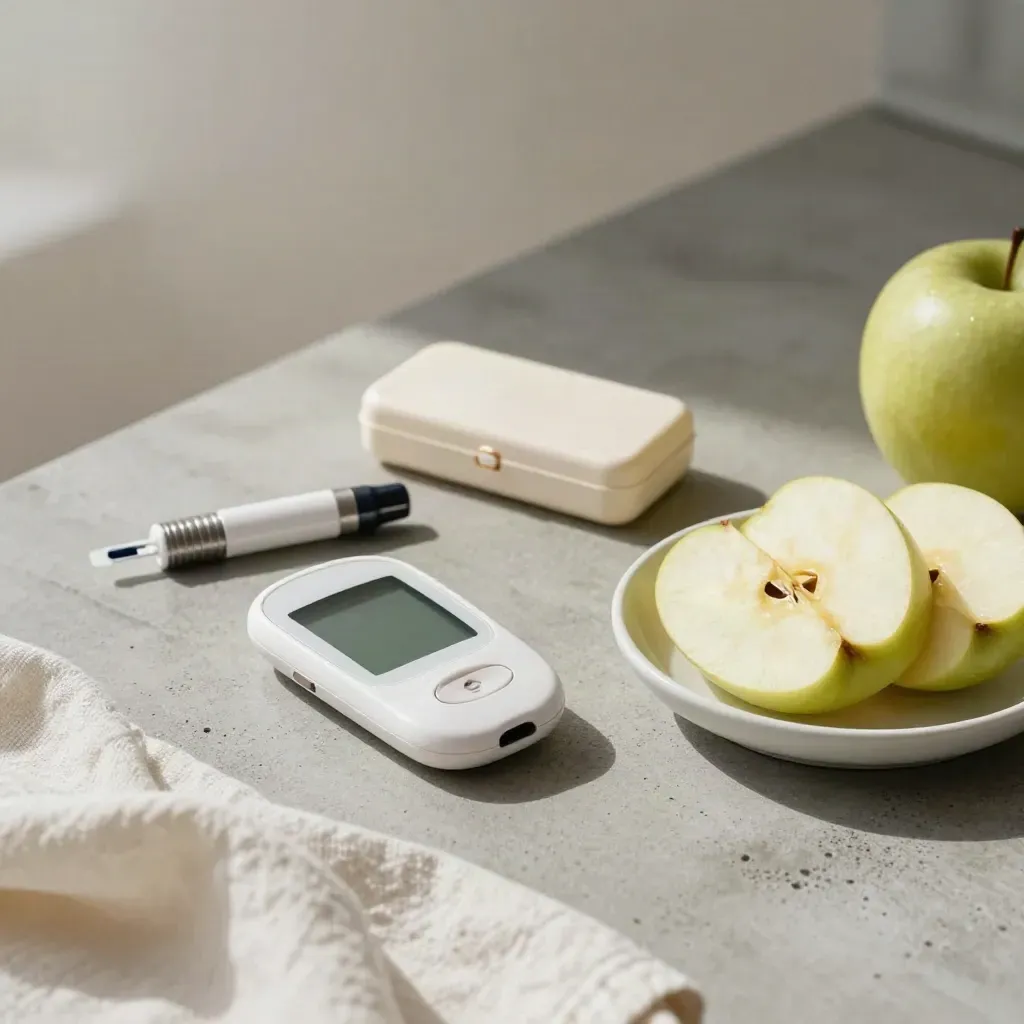 Diabetes review items on a stone counter with apple slices and a glucose meter turned away.