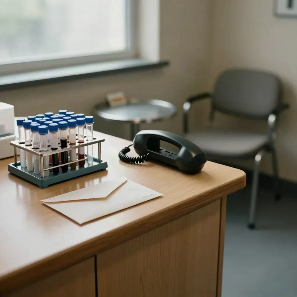 Clinic follow-up room with specimen tubes, a face-down envelope, handset and an empty chair.