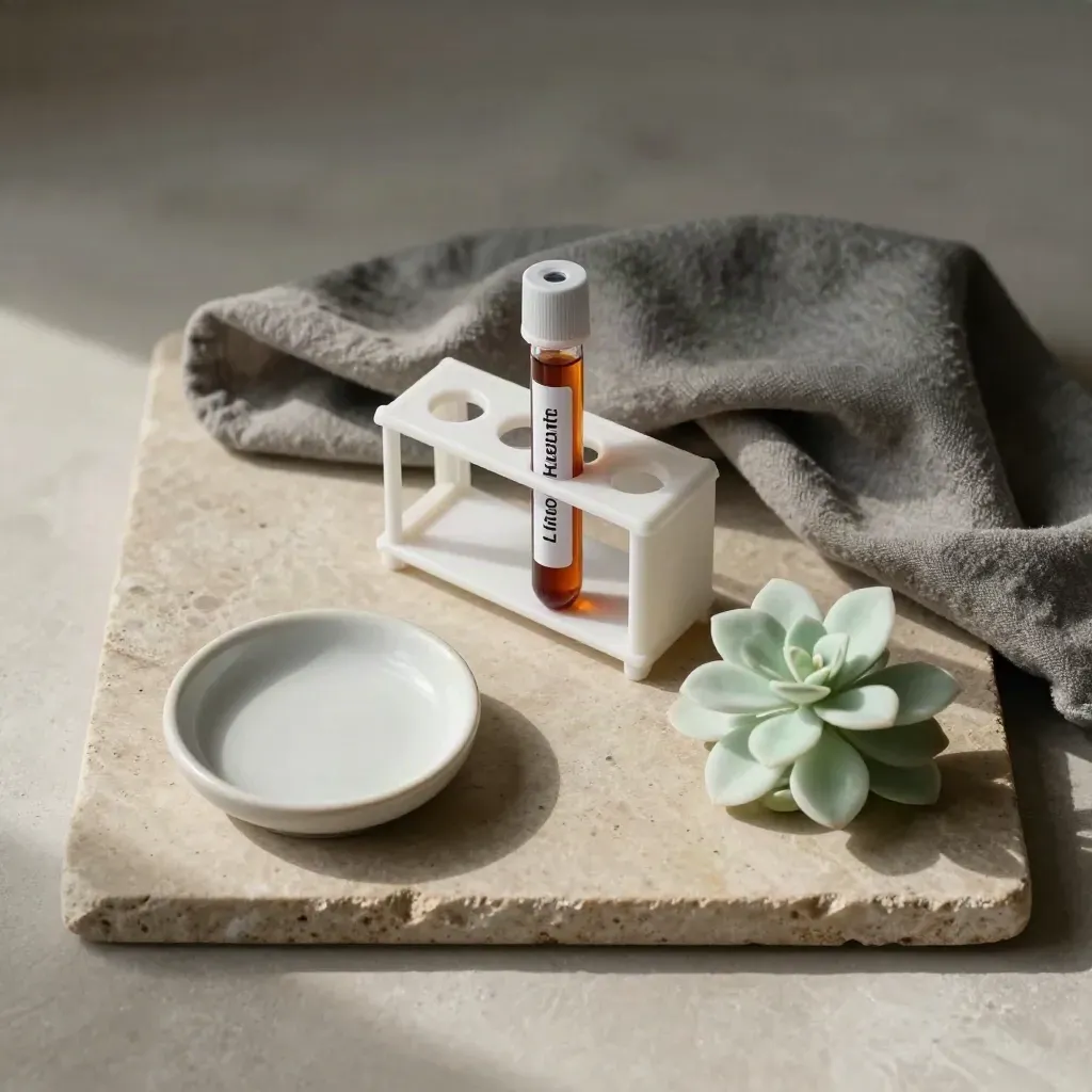 Amber blood sample tube in white rack with cloth, dish and plant on stone tray, top-down.