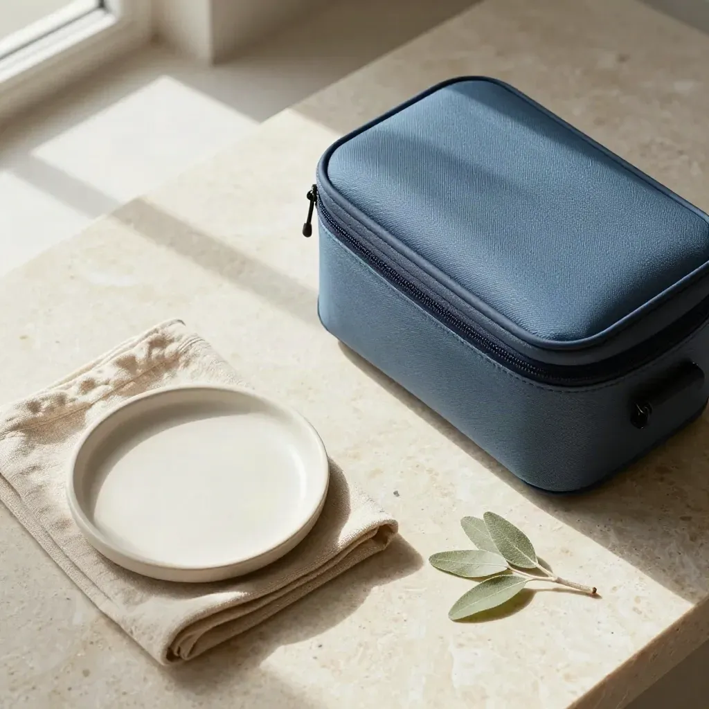 Travel vaccine case with linen, dish and sprig on travertine, top-down medical flatlay.