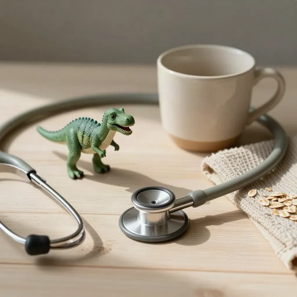 Pediatric stethoscope with toy dinosaur, ceramic cup and knit cloth on pale wood.