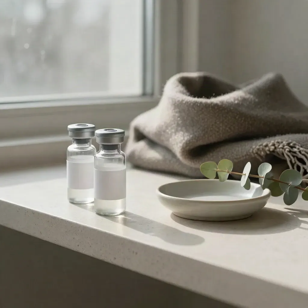 Vaccine vials with a wool scarf, ceramic dish and eucalyptus on a quiet clinic shelf.